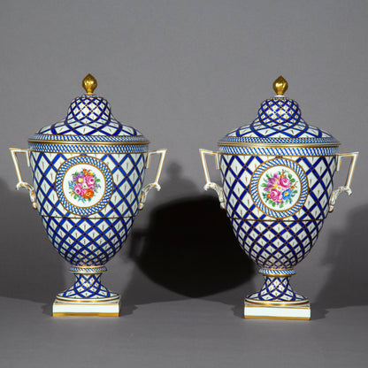 Pair of Neoclassical Hand-Painted Porcelain Vases or Urns