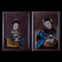Pair of Antique Chinese Reverse Glass Portraits of Ladies with Dogs
