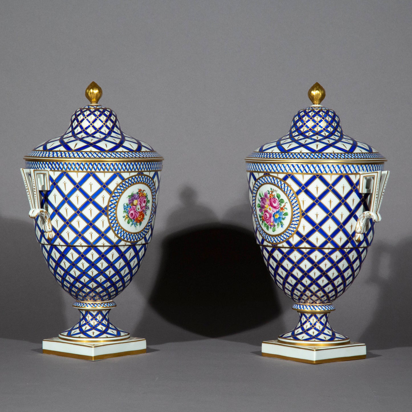 Pair of Neoclassical Hand-Painted Porcelain Vases or Urns