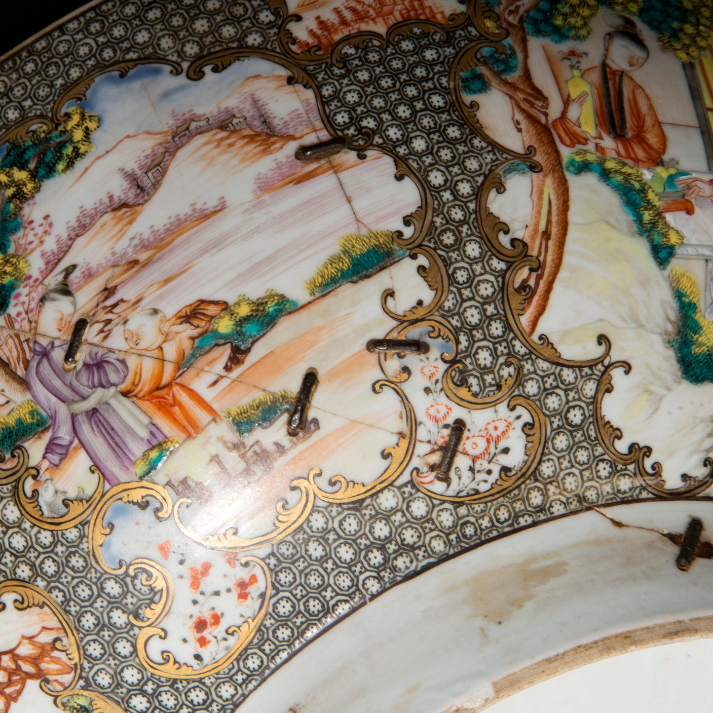 18th Century Chinese Export Porcelain Bowl with Old Riveted Repairs