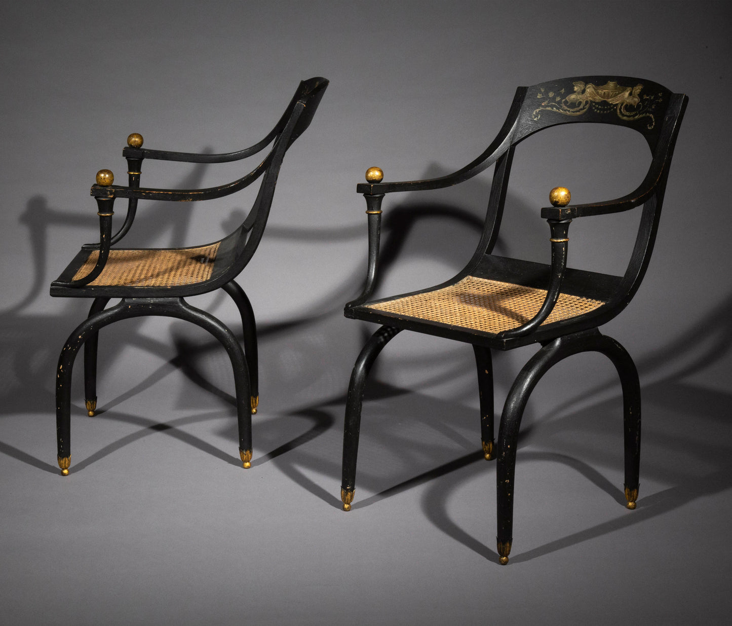 Madeleine Castaing: Pair of Antique Curule Armchairs, after Chapuis