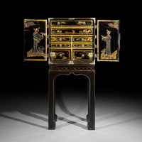 Antique Chinoiserie Black Lacquer Cabinet on Stand, 19th Century