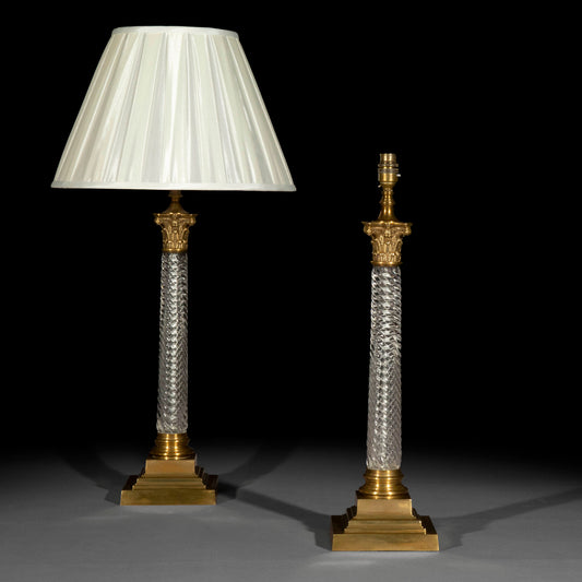 Pair of Glass and Brass Corinthian Column Table Lamps