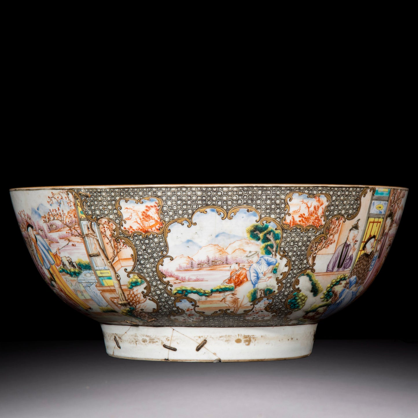 18th Century Chinese Export Porcelain Bowl with Old Riveted Repairs