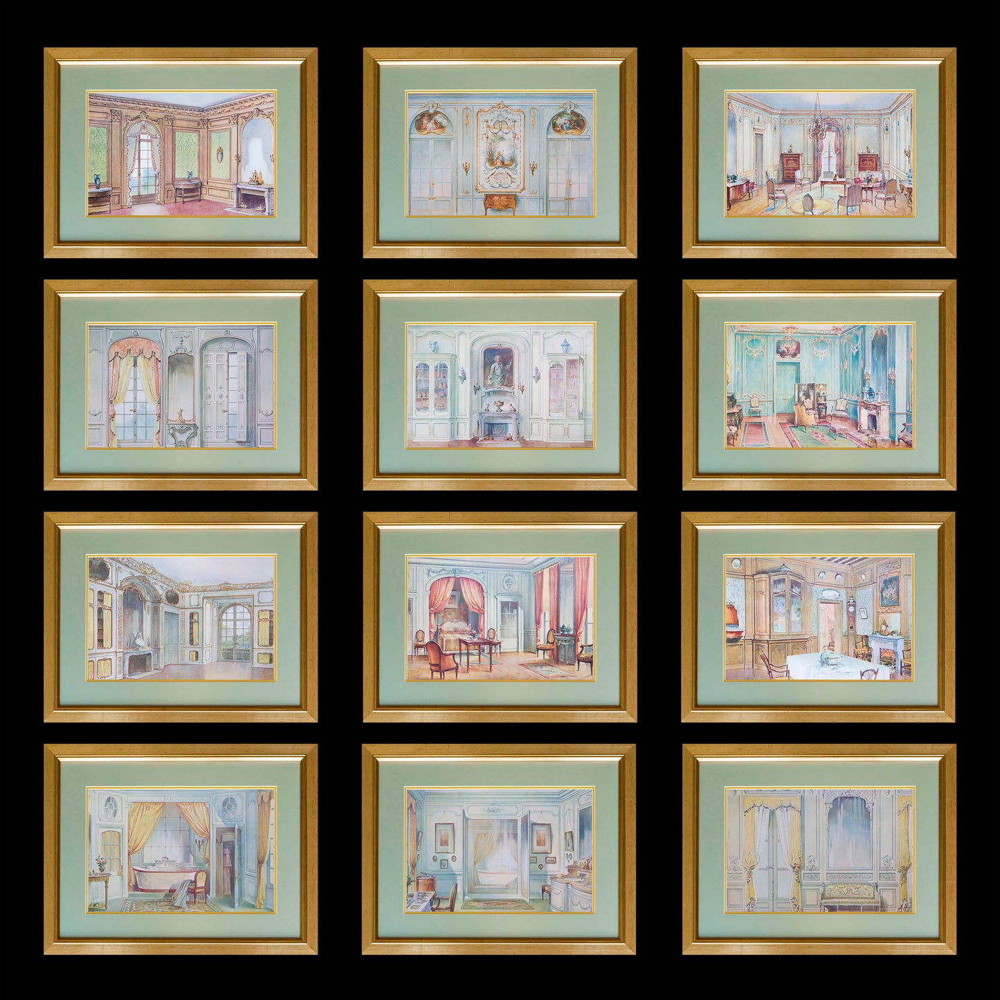 Set of Twelve Antique French Interior Decor Prints