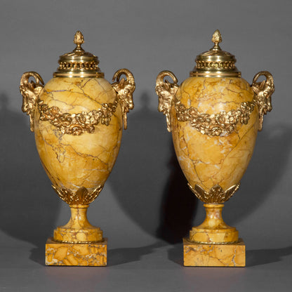 Pair of Antique Neoclassical Siena Marble Urns