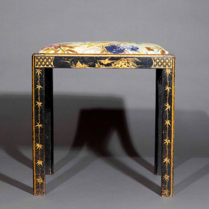 Early 20th Century Black Lacquer Chinoiserie Stool