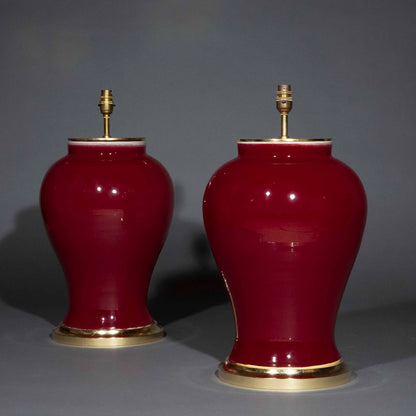 Pair of Large Chinese Jar Lamps in Sang de Boeuf Glaze