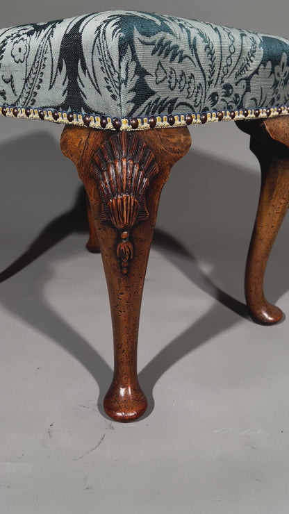 Early 20th Century Queen Anne Style Walnut Stool in Blue Damask